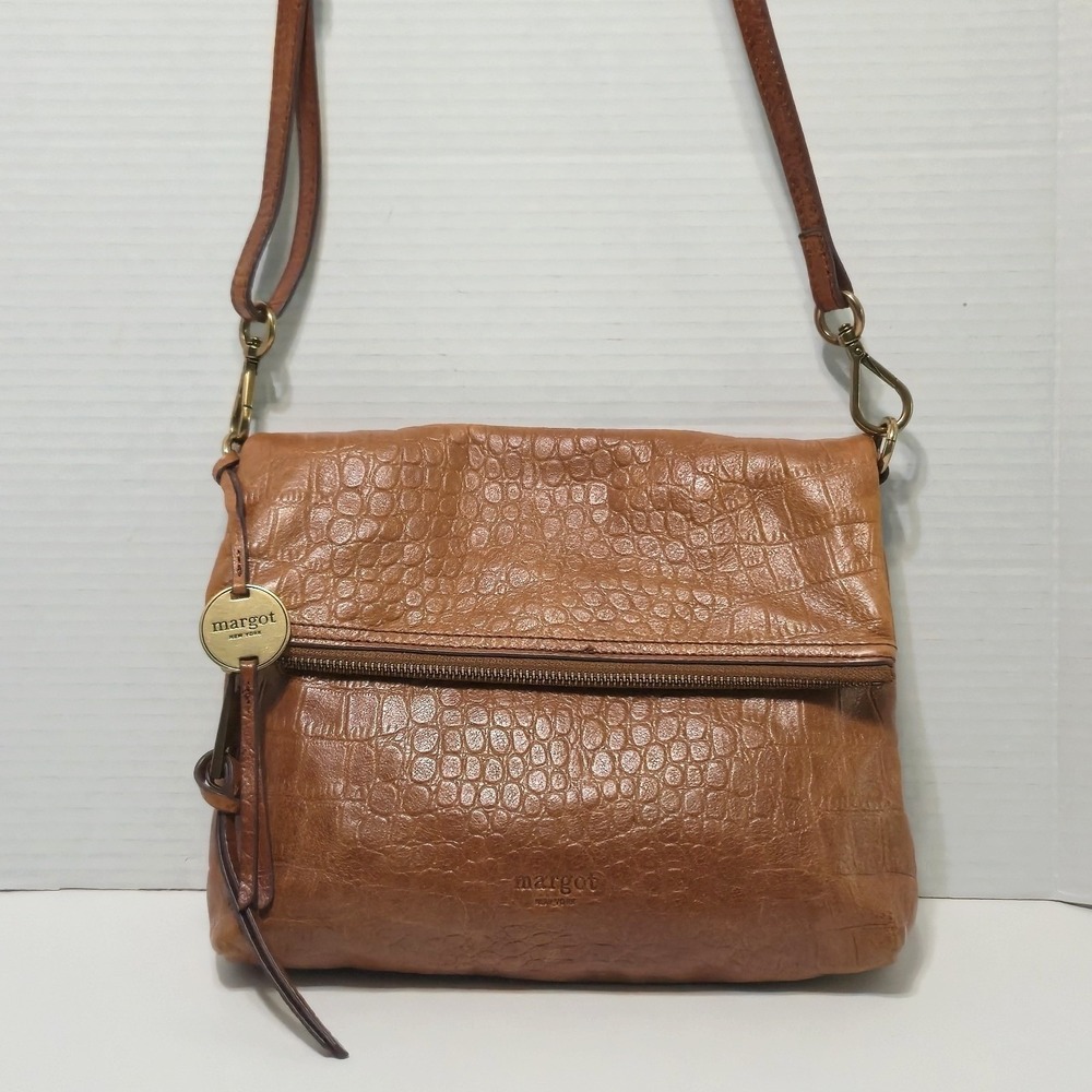 Margot New York Brown Cognac Croc Embossed Leather Foldover Crossbody Bag Purse